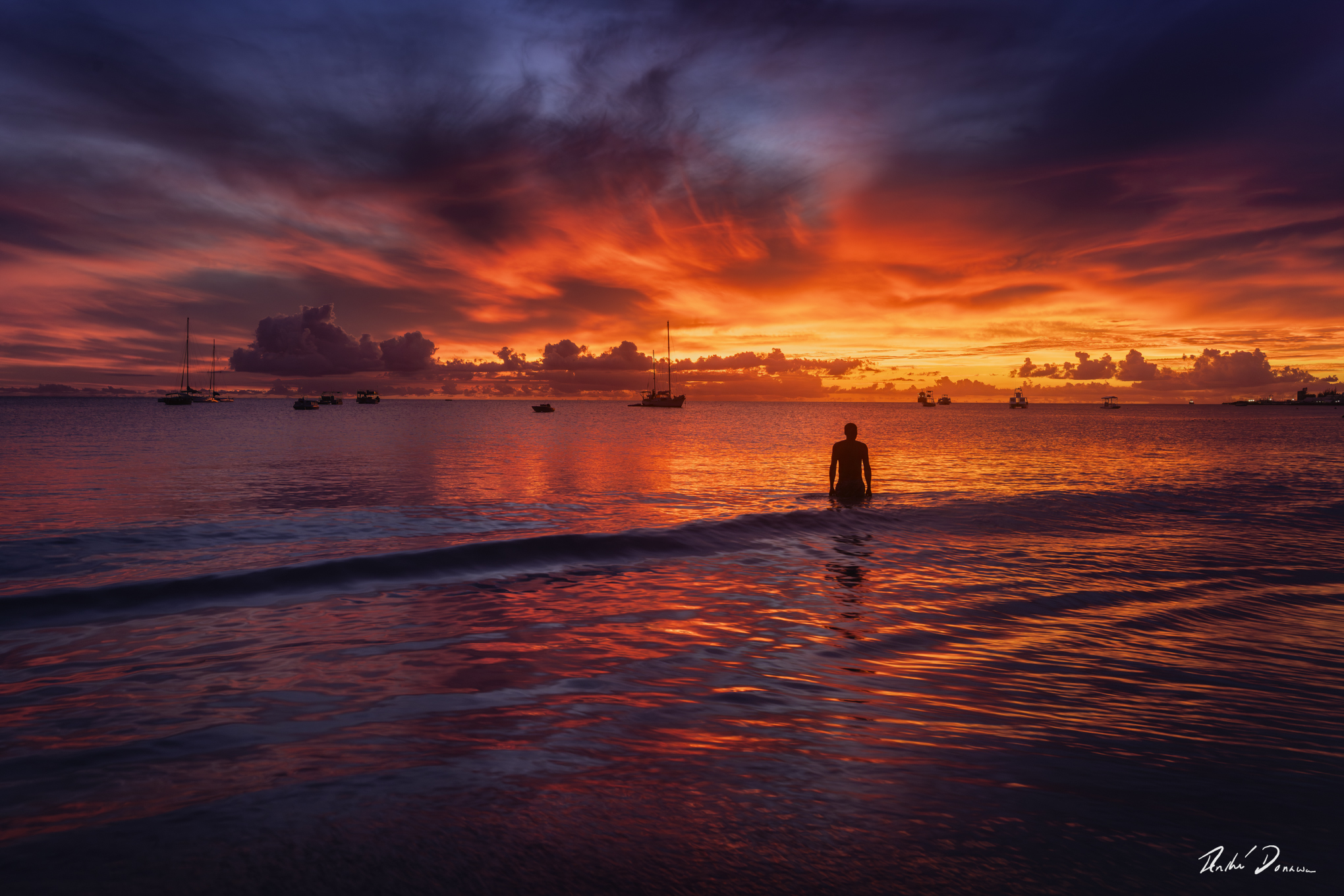 A man steps into the ocean during an explosive sunset, Brownes Beach Barbados