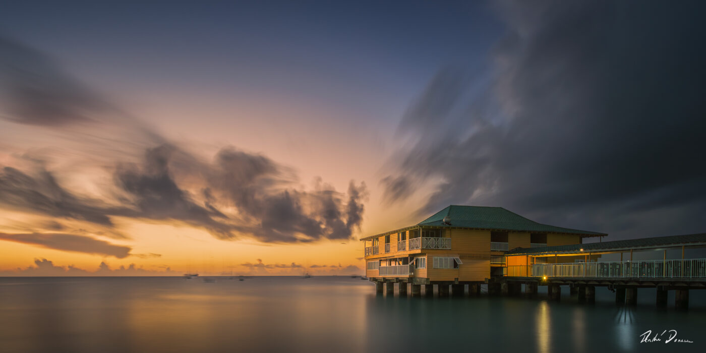 Long exposure of a jetty at sunset in Barbados
